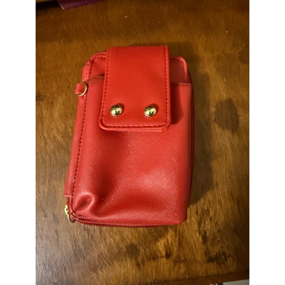 Red Faux Leather Zip Around Wallet Phone Bag Gold Hardware
